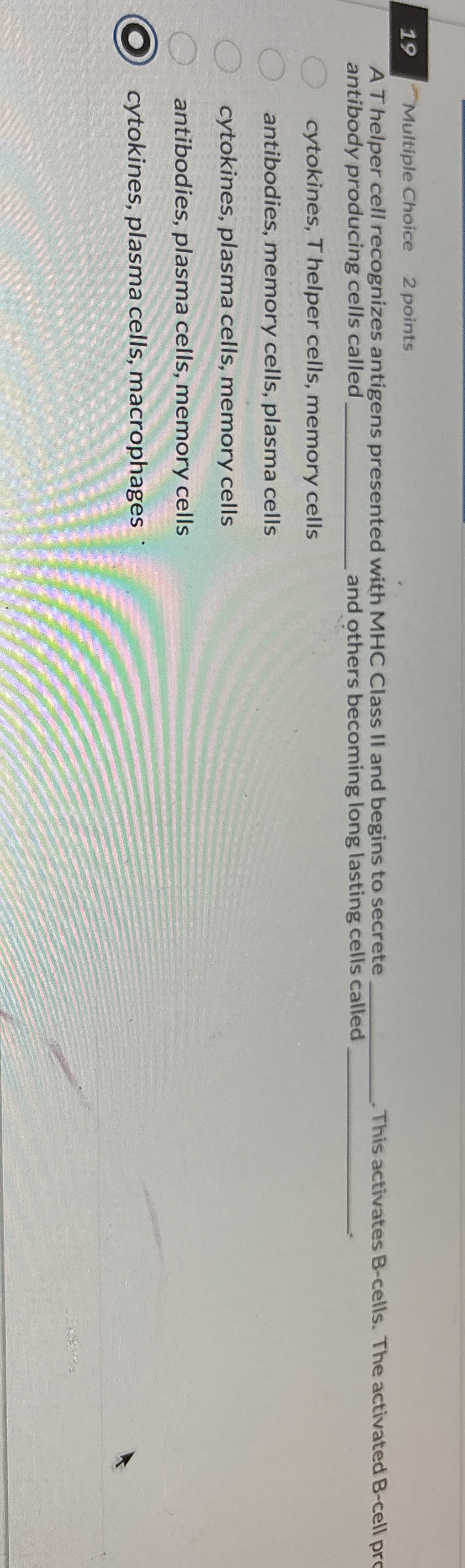1 9 Multiple Choice 2 points A Thelper cell