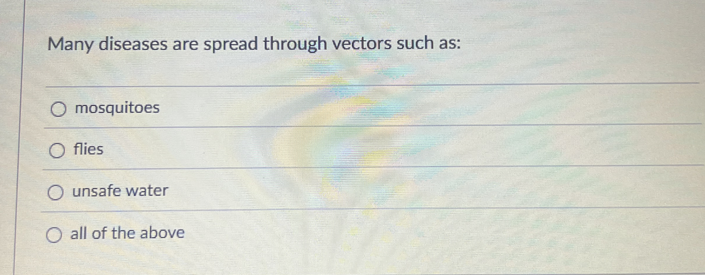 Many diseases are spread through vectors such as: