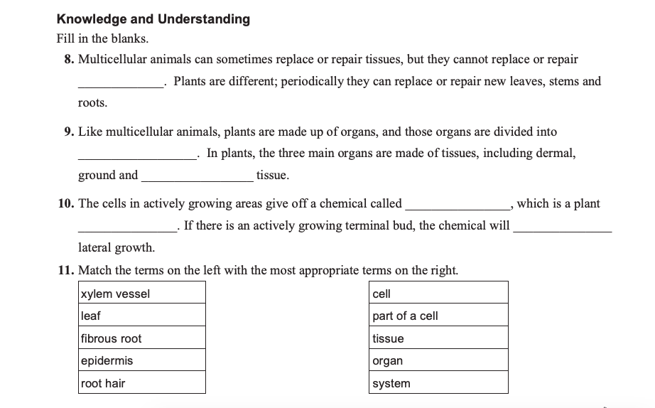 Knowledge and Understanding Fill in the blanks. 8