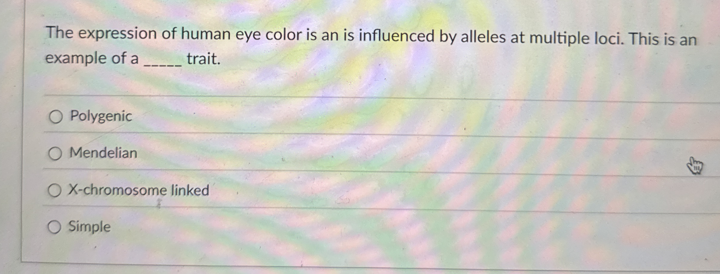 The expression of human eye color is an is