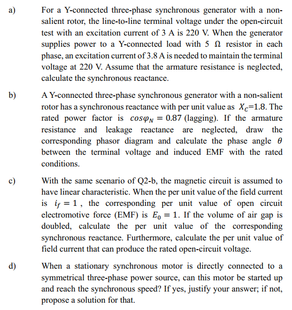 a ) For a Y - connected three - phase synchronous