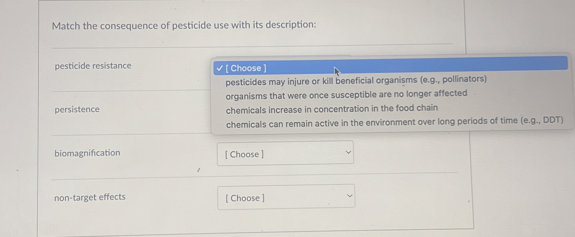 Match the consequence of pesticide use with its