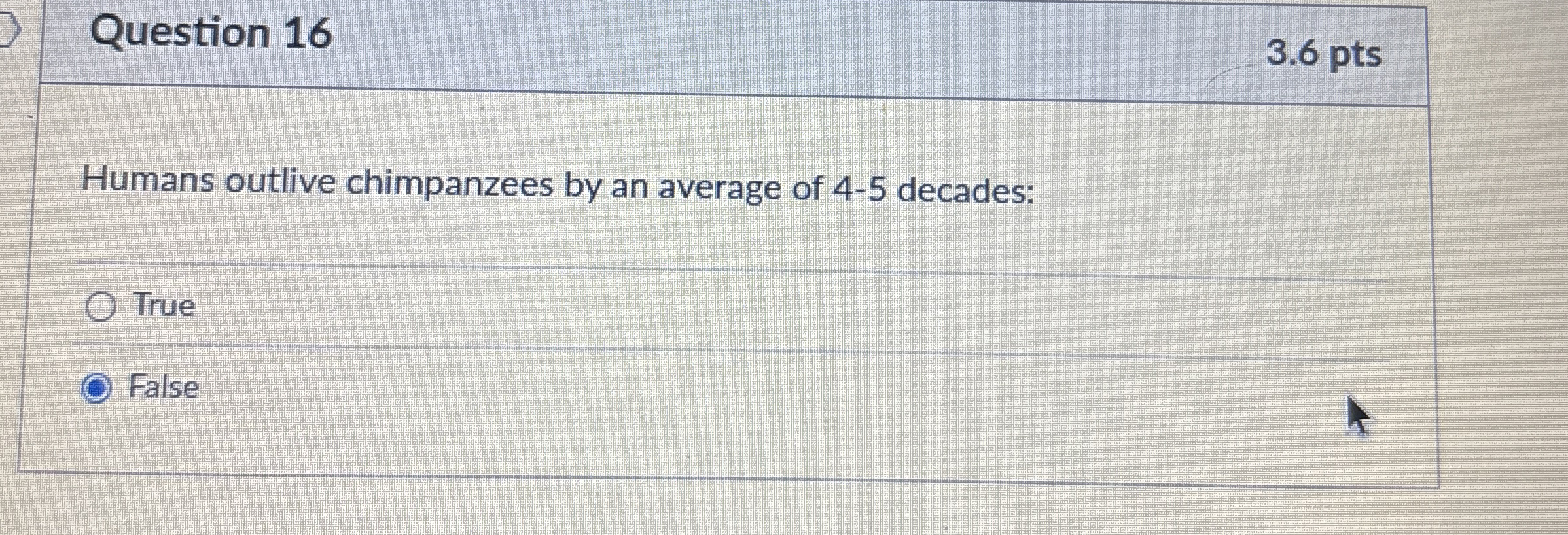 Question 1 6 3 . 6 pts Humans outlive chimpanzees