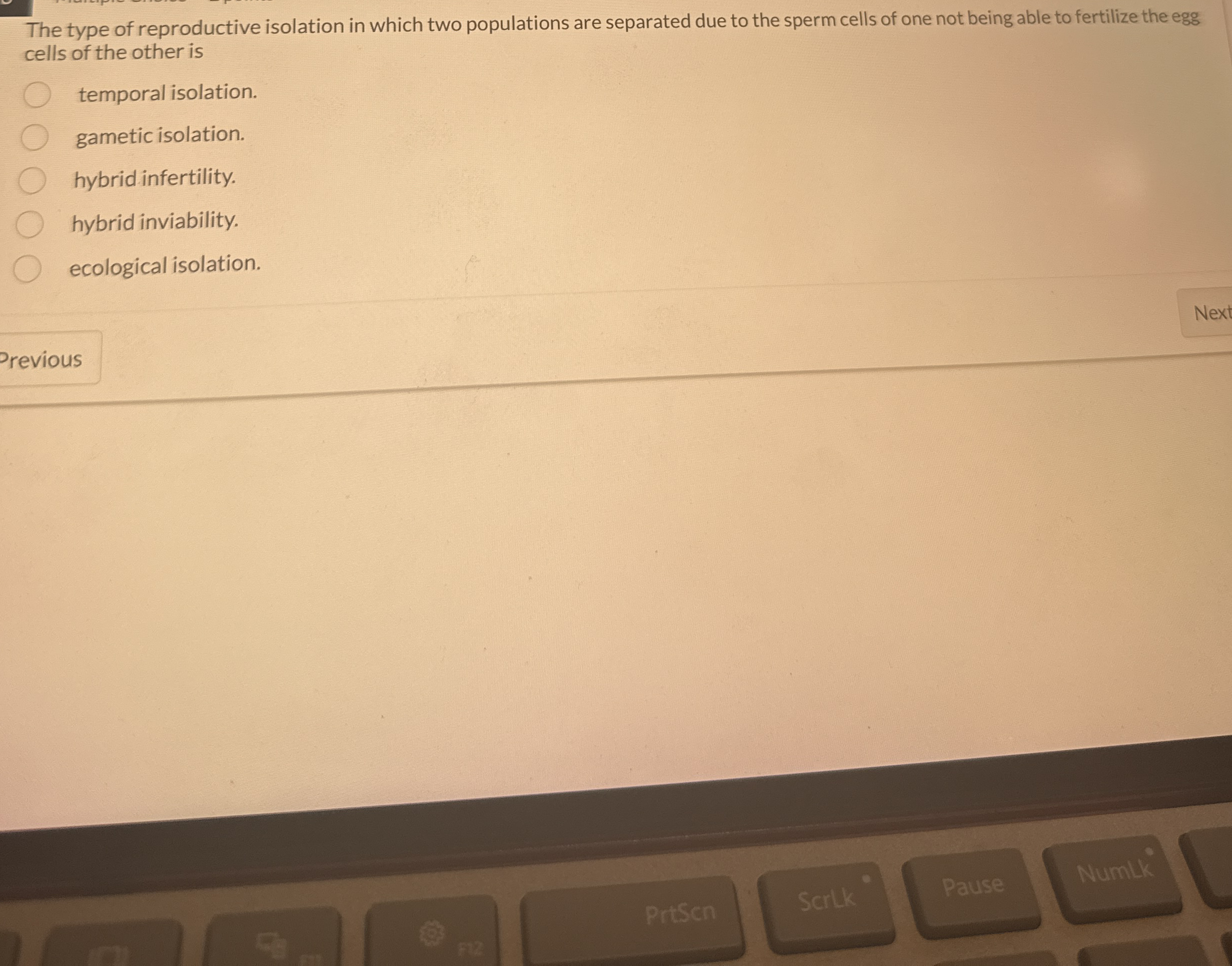 The type of reproductive isolation in which two