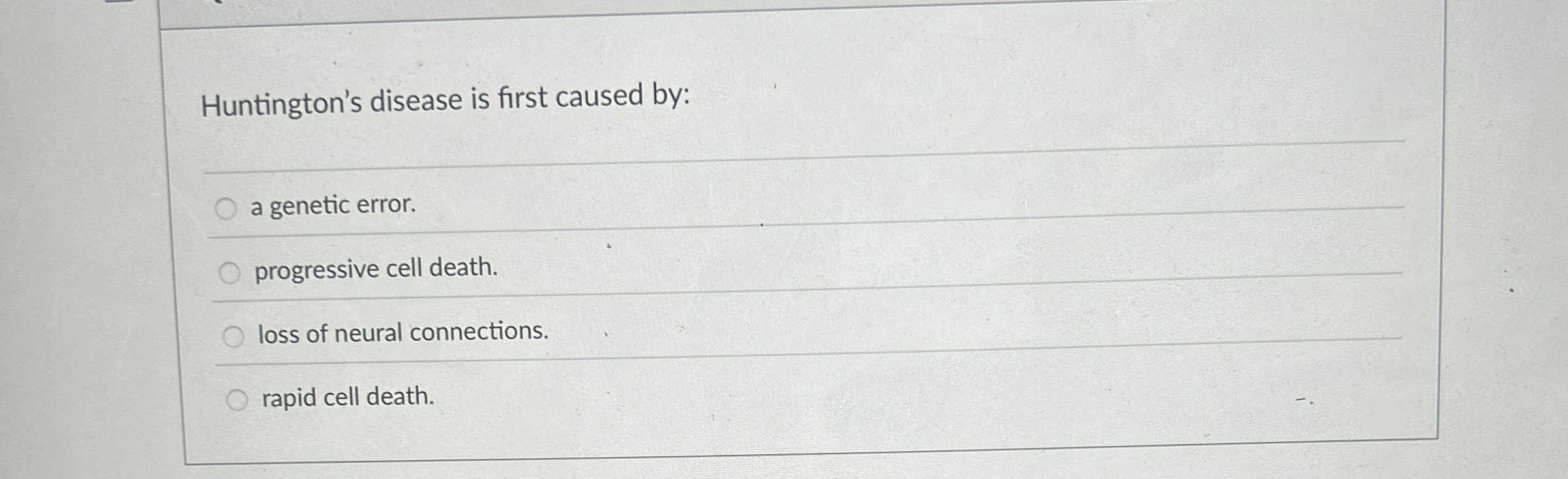 Huntington's disease is first caused by: a