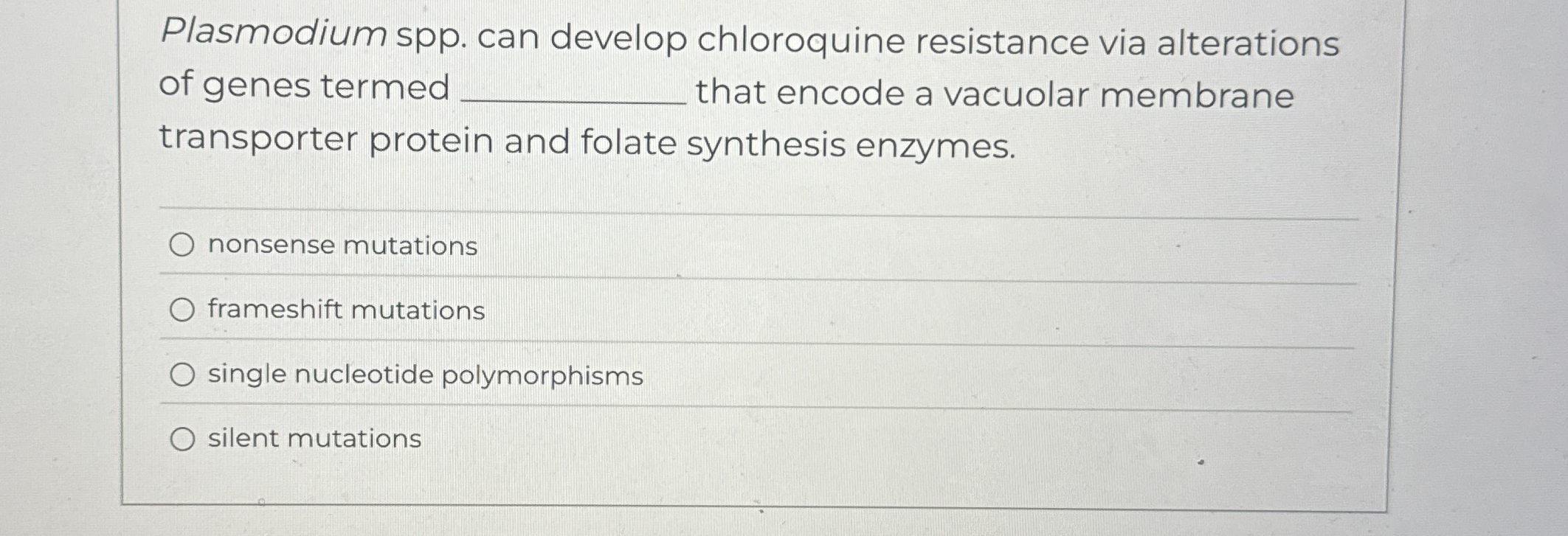 Plasmodium spp . can develop chloroquine