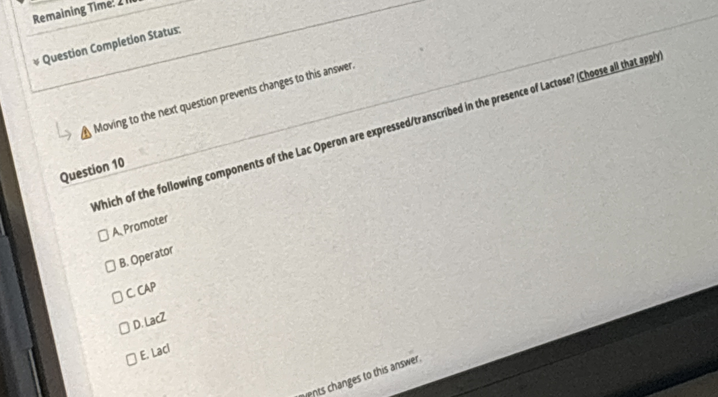 Remaining Time. 2 Question completion status.