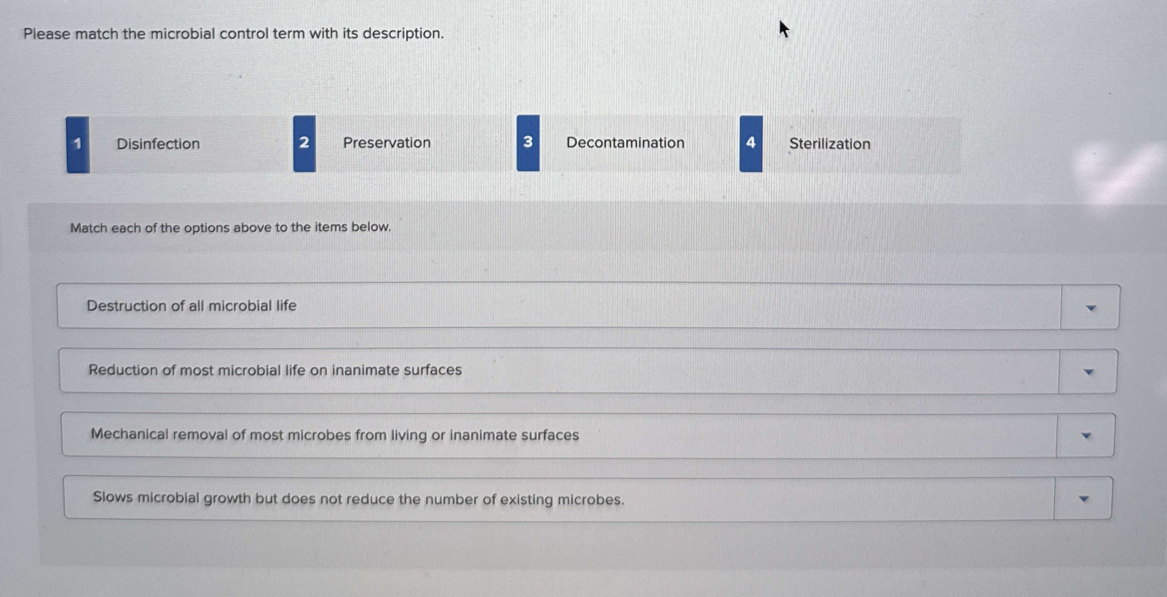 Please match the microbial control term with its