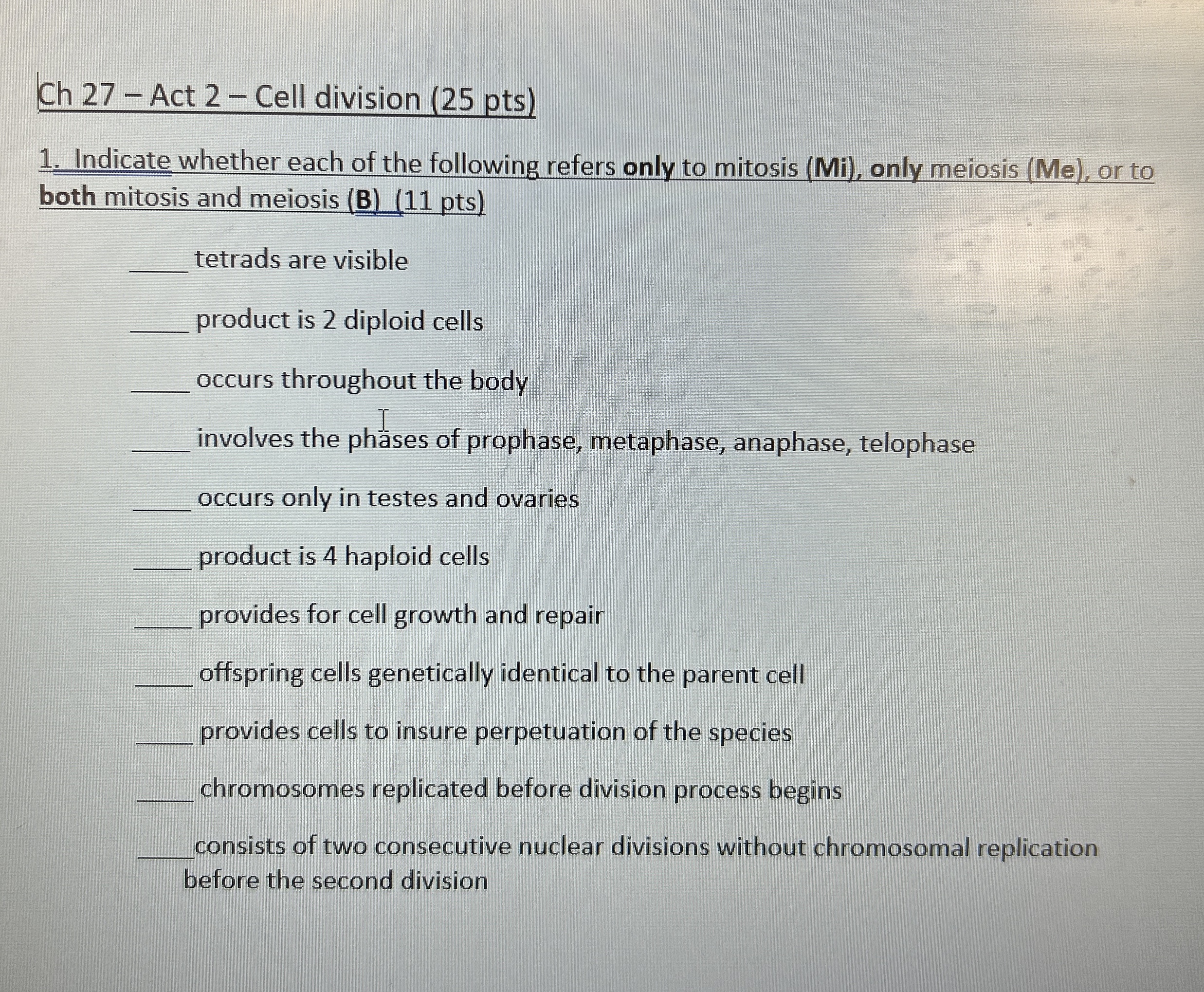 Ch 2 7 - Act 2 - Cell division ( 2 5 pts )