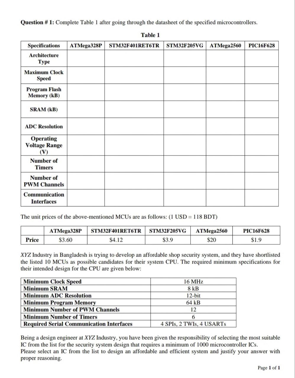 Question \ # 1 : Complete Table 1 after going