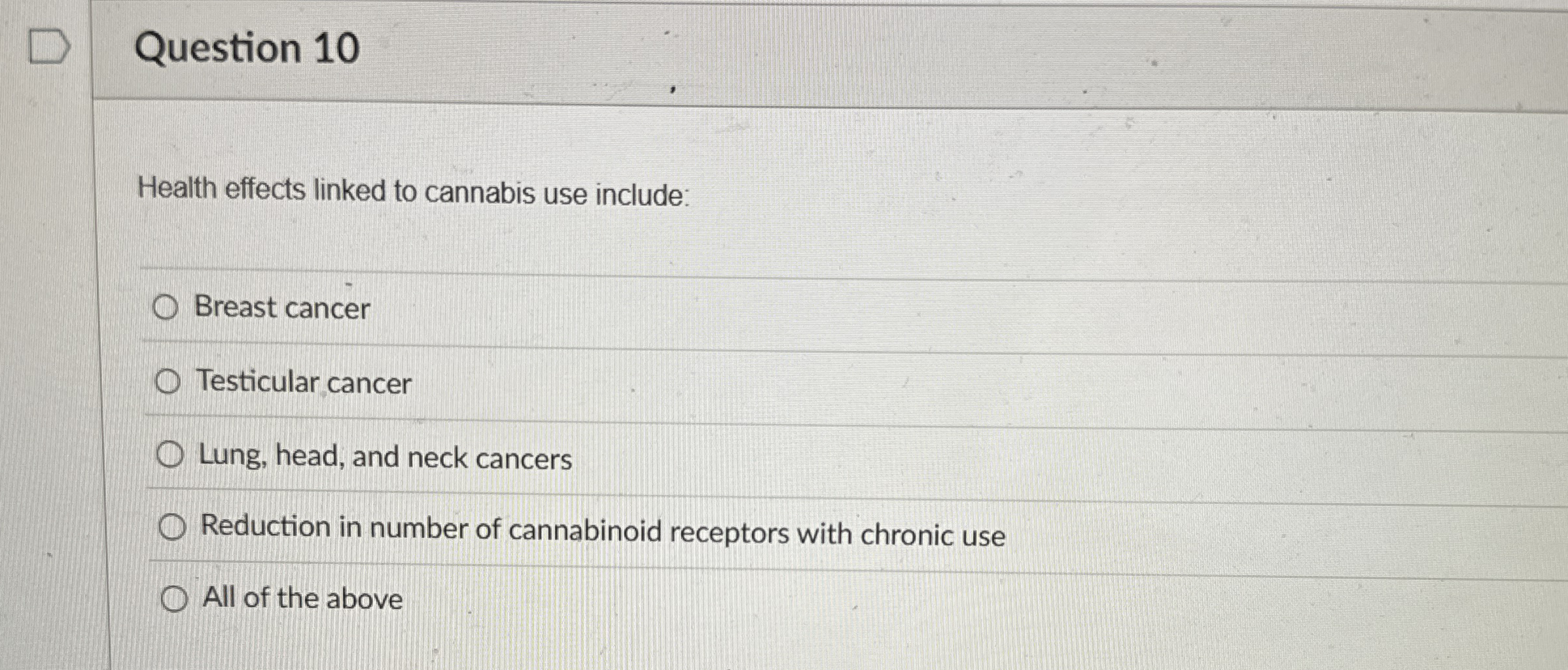 Question 1 0 Health effects linked to cannabis