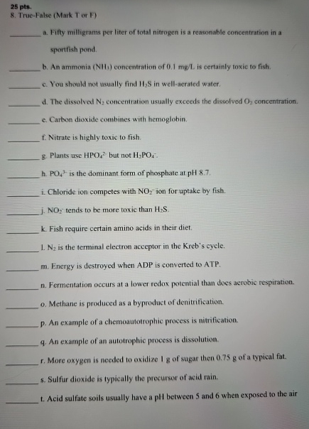 2 5 pts . 8 . True - False ( Mark T or F ) a .