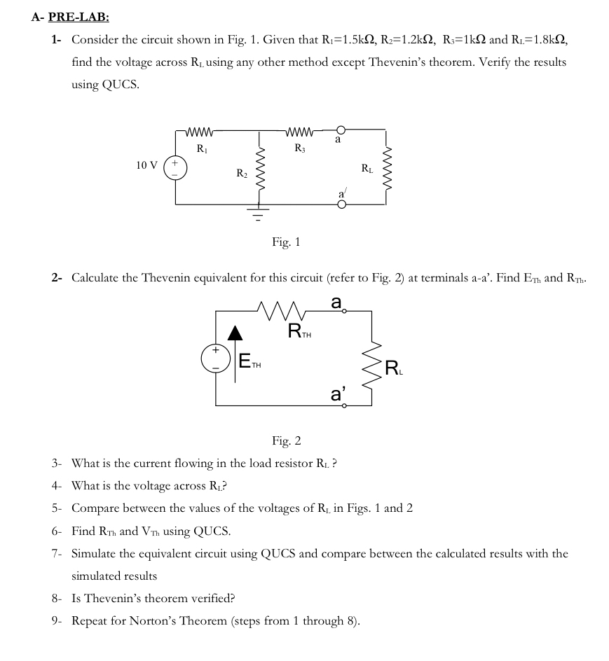 A - PRE - LAB: 1 - Consider the circuit shown in