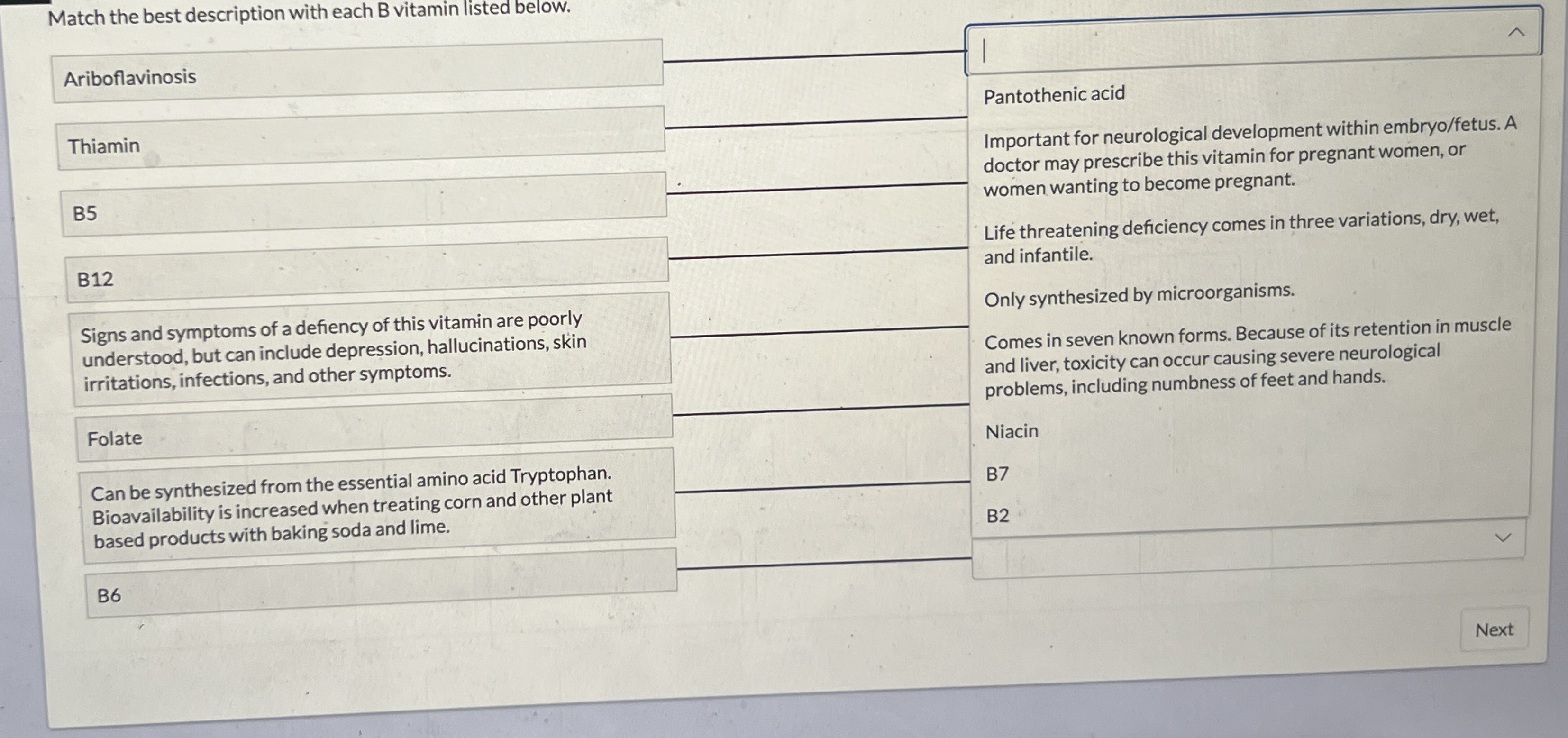 Match the best description with each B vitamin