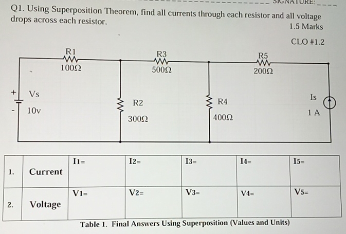 Q 1 . Using Superposition Theorem, find all