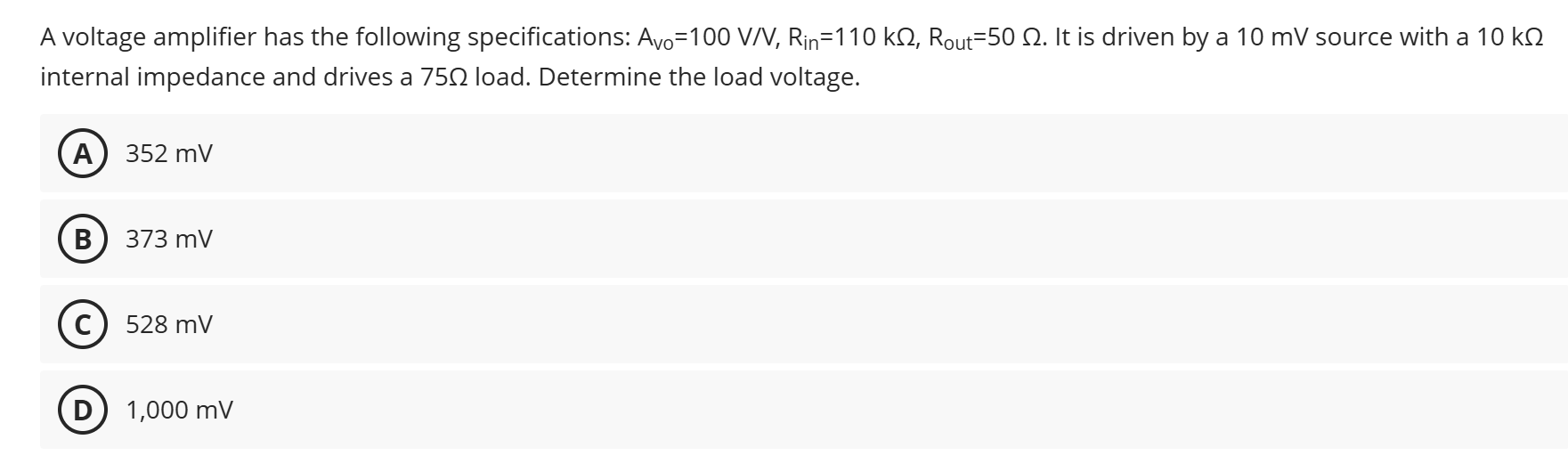 A voltage amplifier has the following