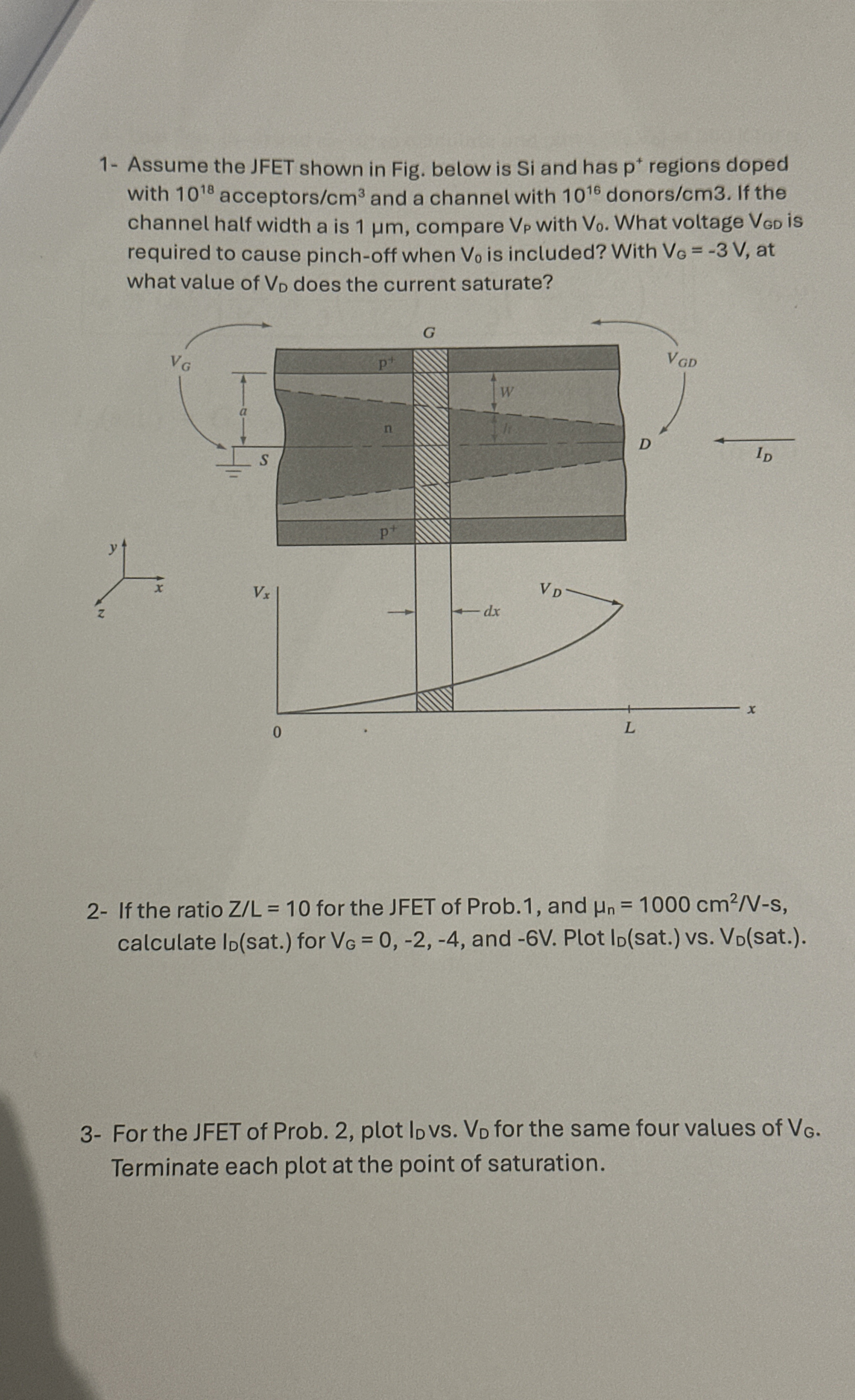 1 - Assume the JFET shown in Fig. below is Si and