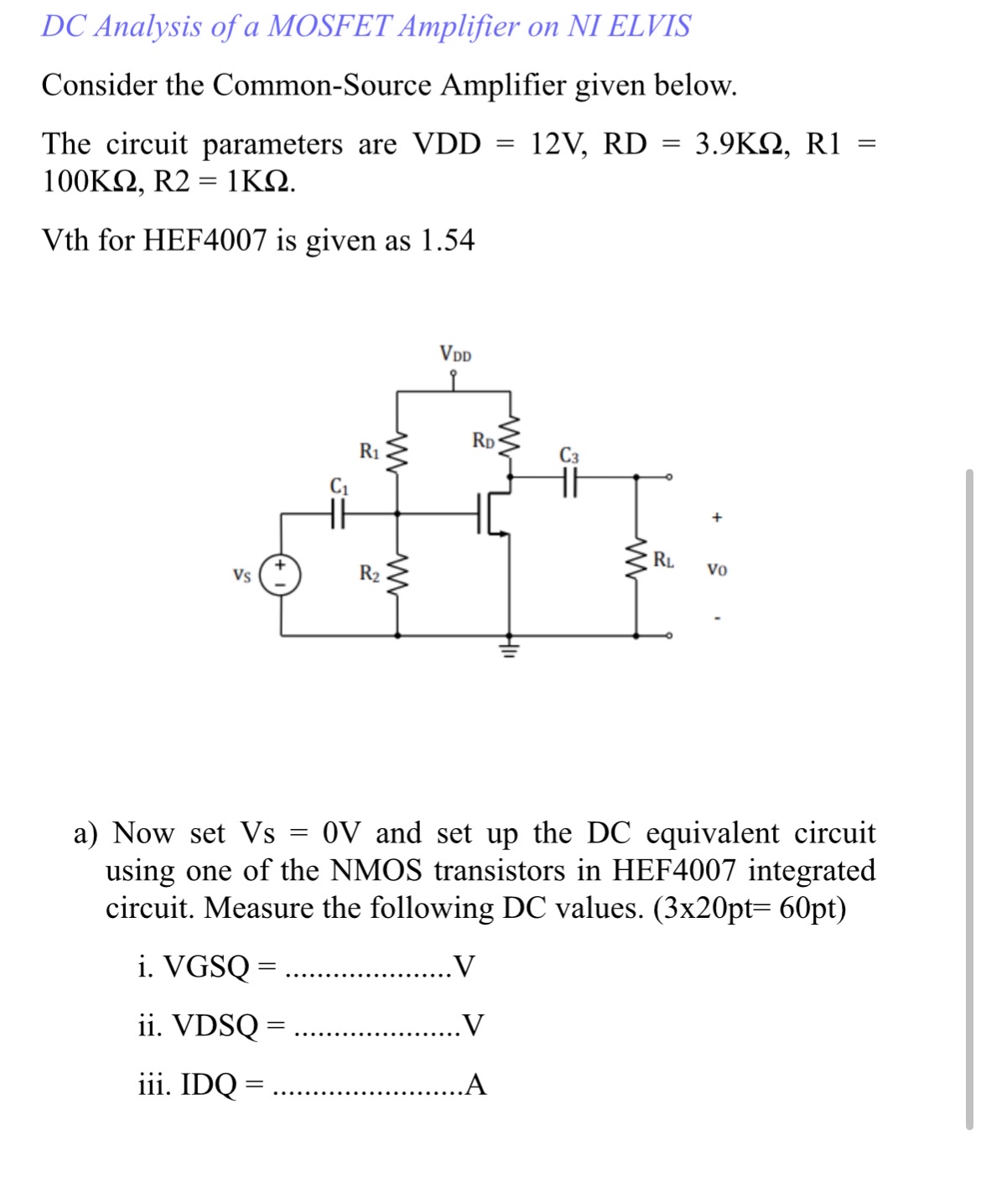 DC Analysis of a MOSFET Amplifier on NI ELVIS