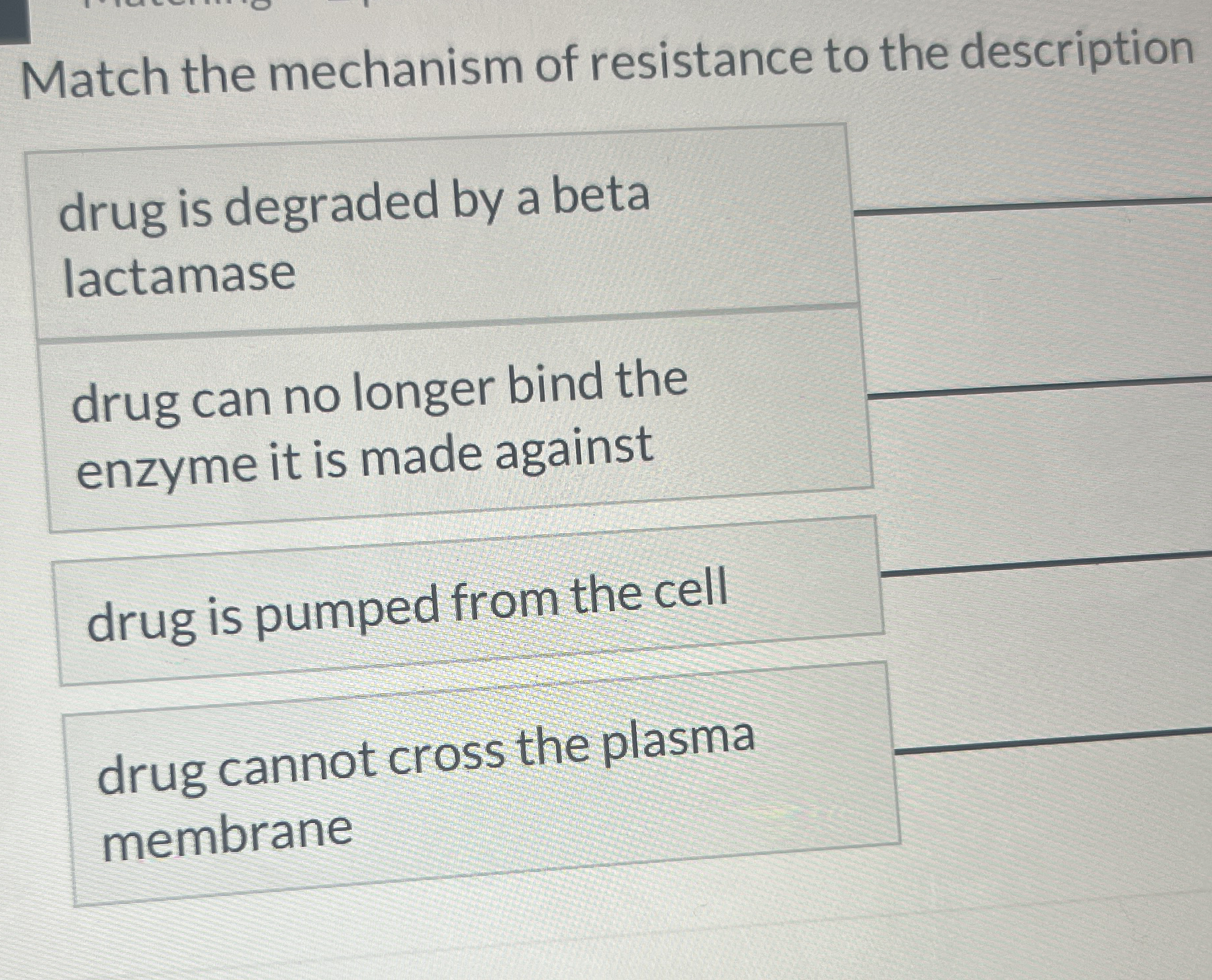 Match the mechanism of resistance to the