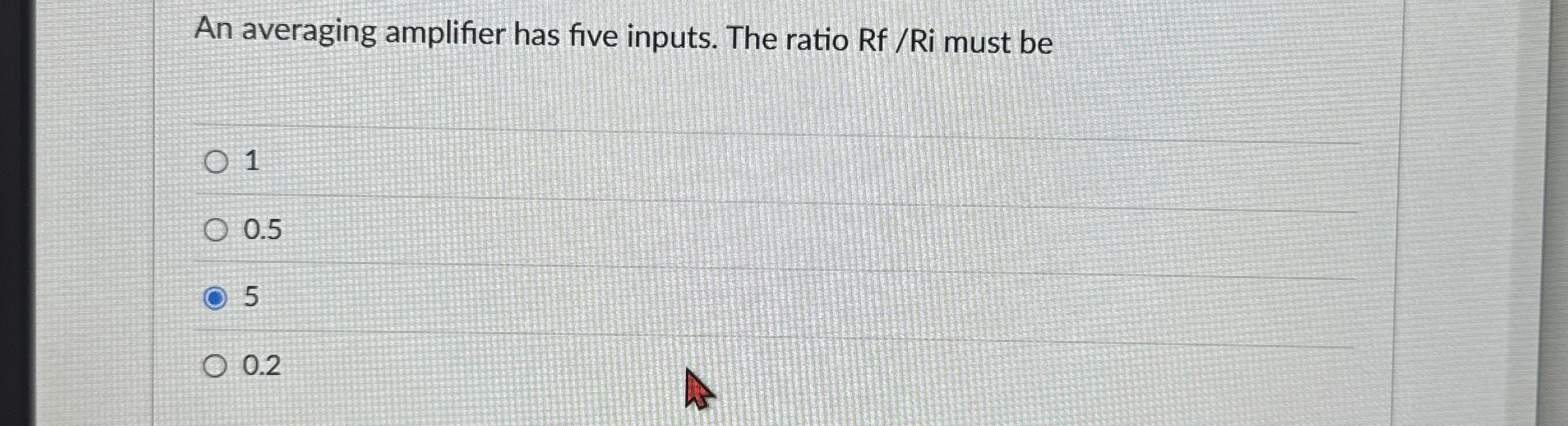 An averaging amplifier has five inputs. The ratio