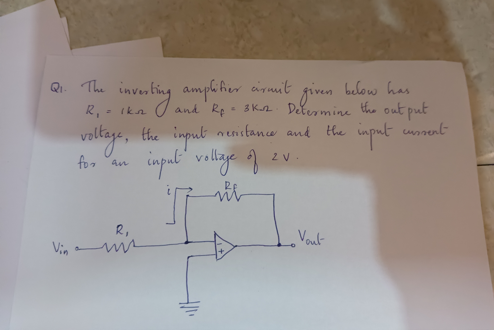 Q 1 . The inverting amplifier cirmit given below