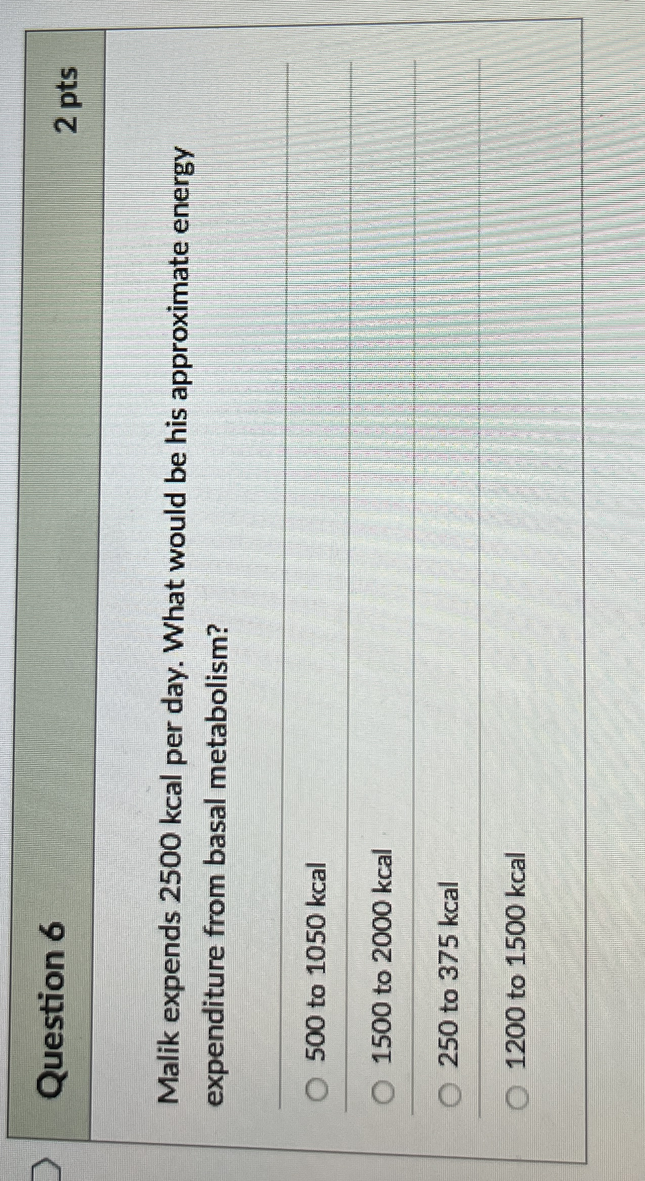 Question 6 2 pts Malik expends 2 5 0 0 kcal per