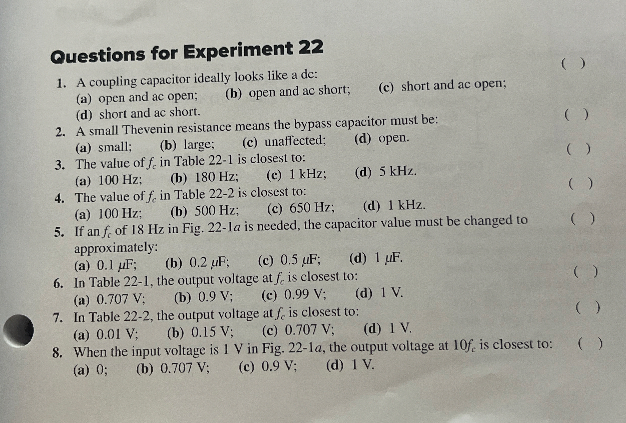 Questions for Experiment 2 2 A coupling capacitor