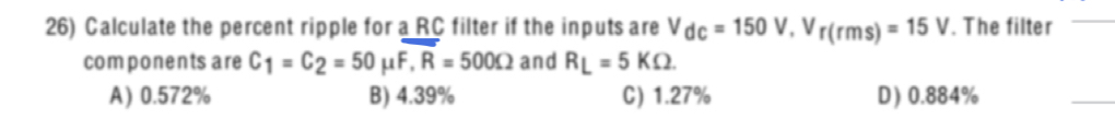 Calculate the percent ripple for a RC filter if