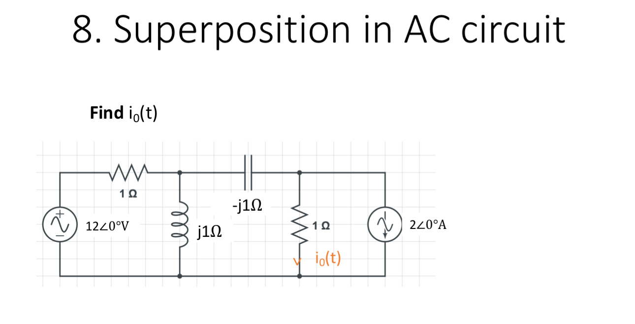 Superposition in AC circuit Find i 0 ( t )
