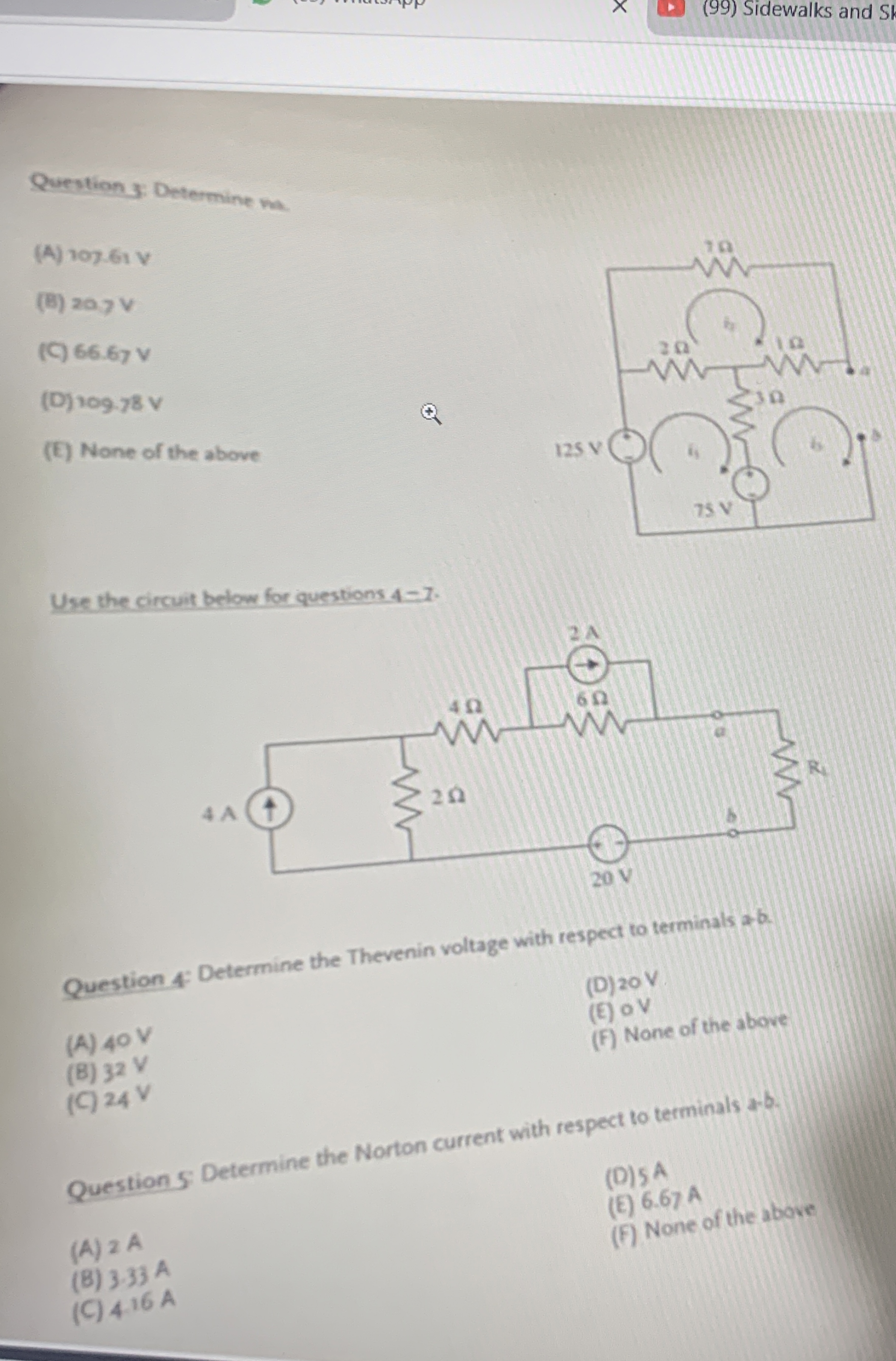 Question 3 : Determine wa . ( A ) 1 0 7 . 6 1 V (