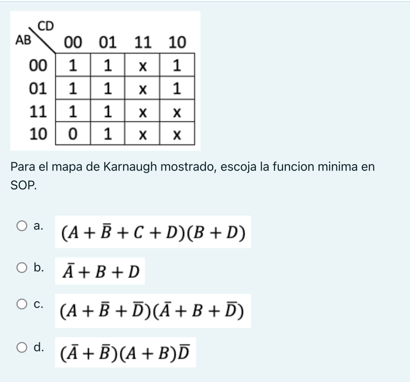 Para el mapa de Karnaugh mostrado, escoja la