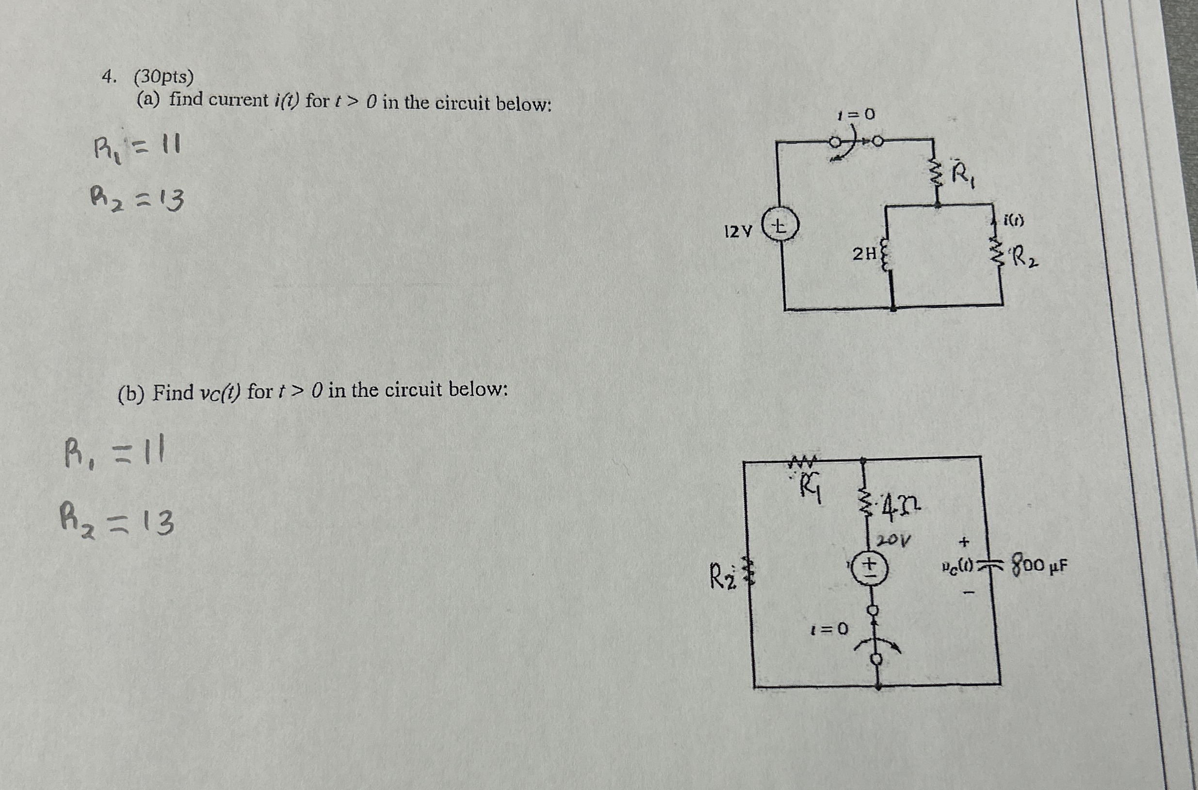 ( 3 0 pts ) ( a ) find current i ( t ) for t  style=