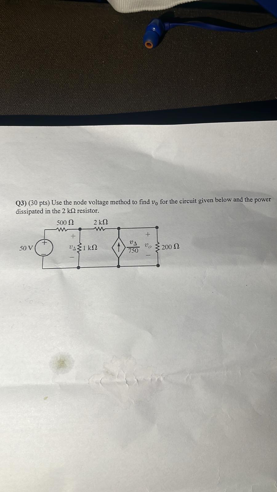 Q 3 ) ( 3 0 pts ) Use the node voltage method to