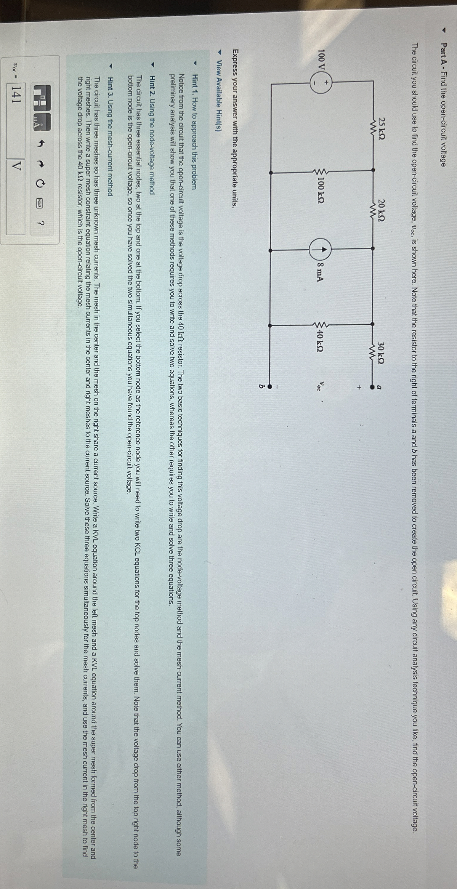 Part A - Find the open - circuit voltage Express