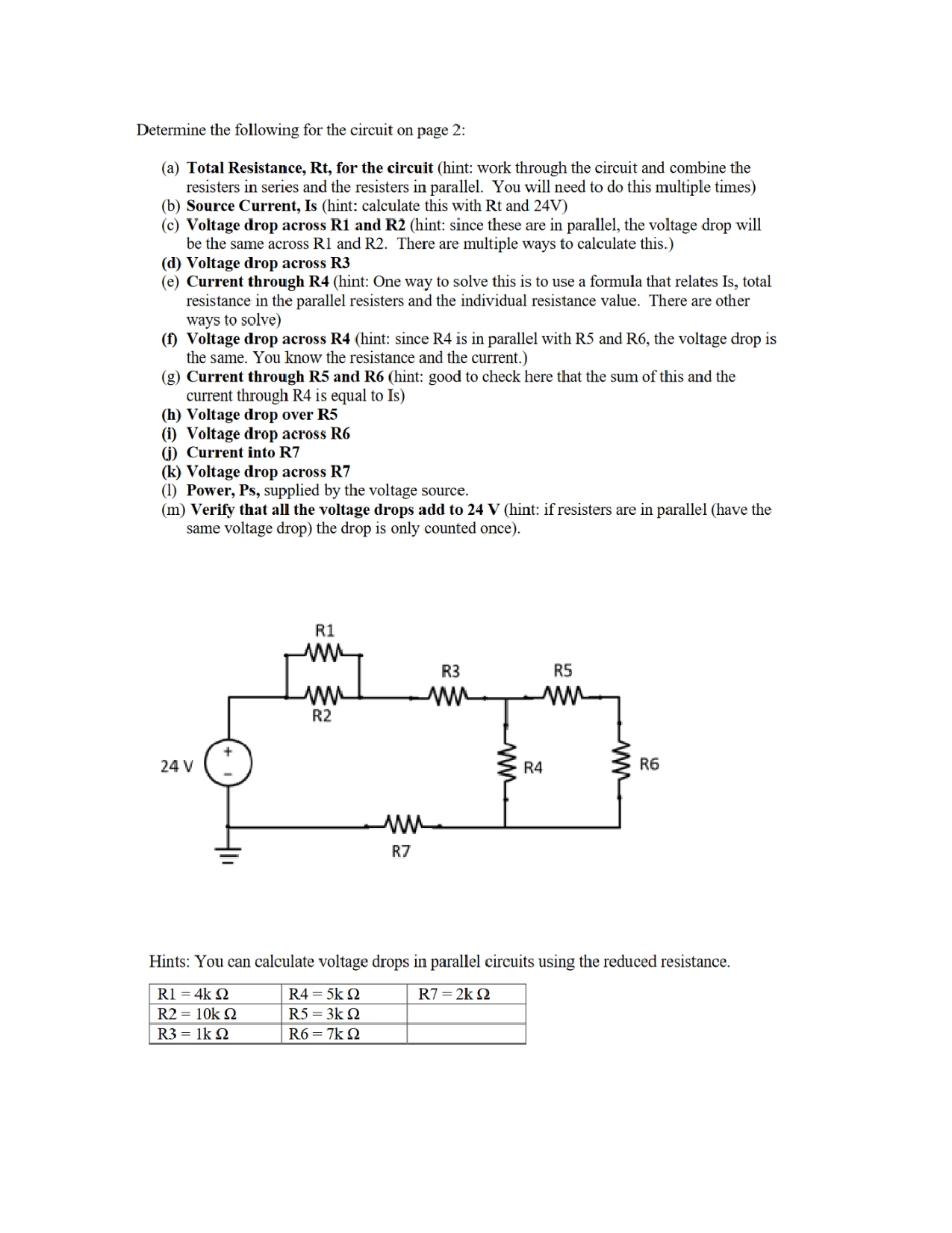 Determine the following for the circuit on page 2