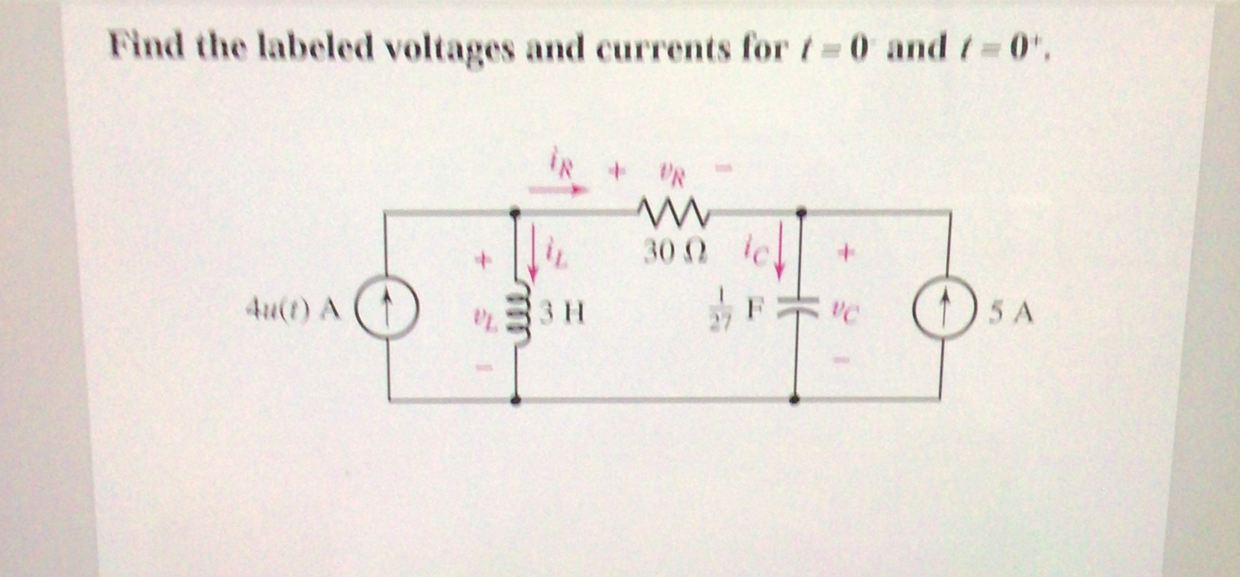 Find the labeled voltages and currents for t - =