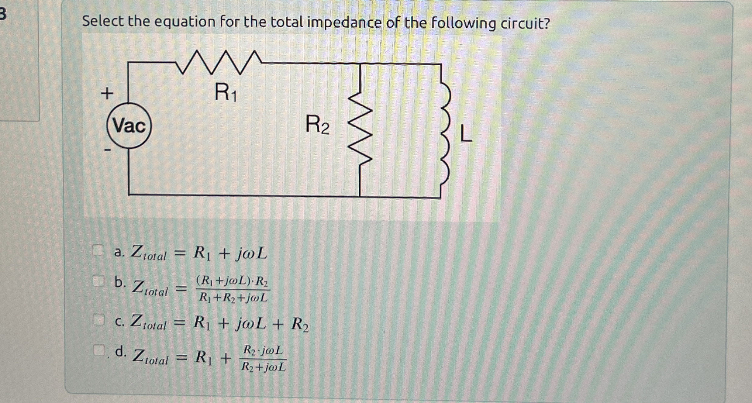 Select the equation for the total impedance of