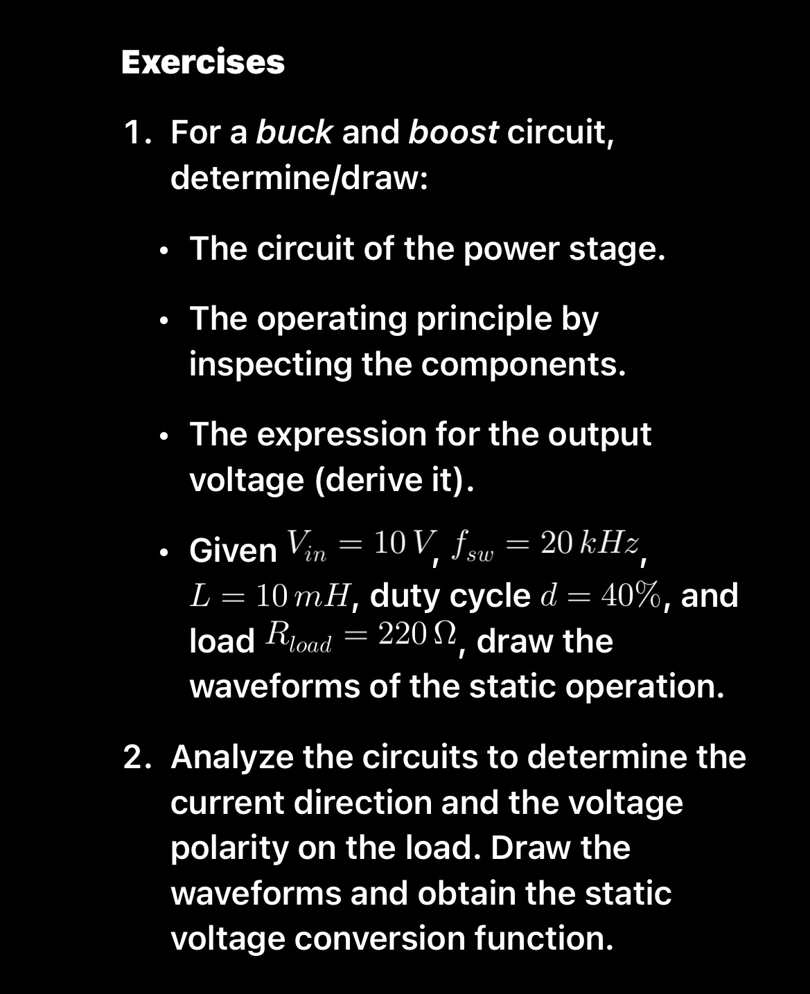 Exercises For a buck and boost circuit, determine