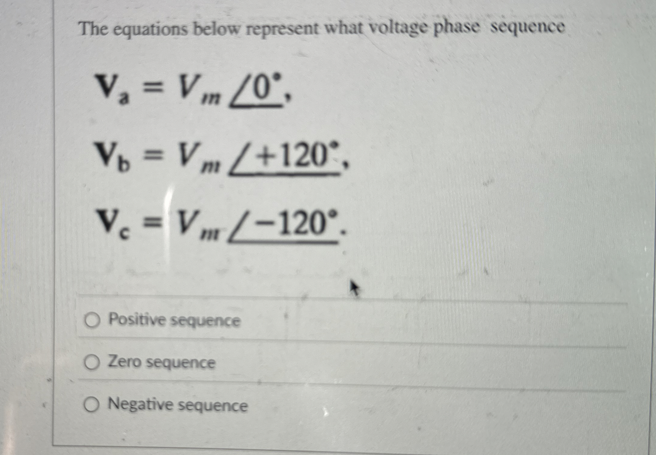 The equations below represent what voltage phase