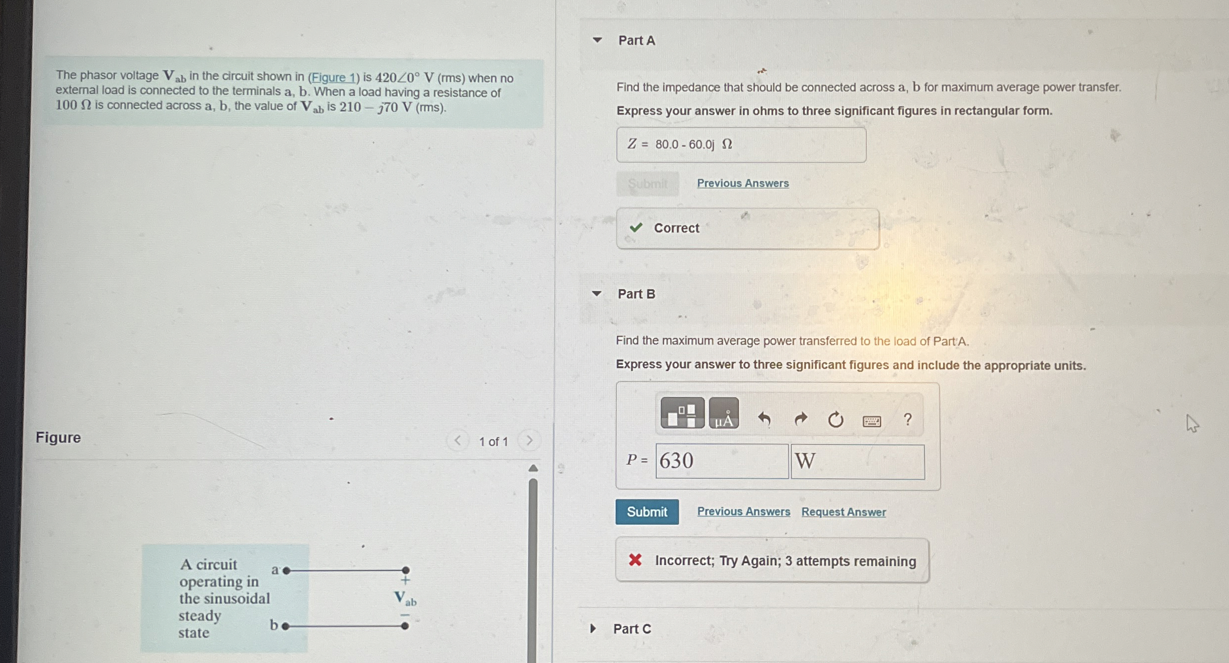 The phasor voltage V a b in the circuit shown in