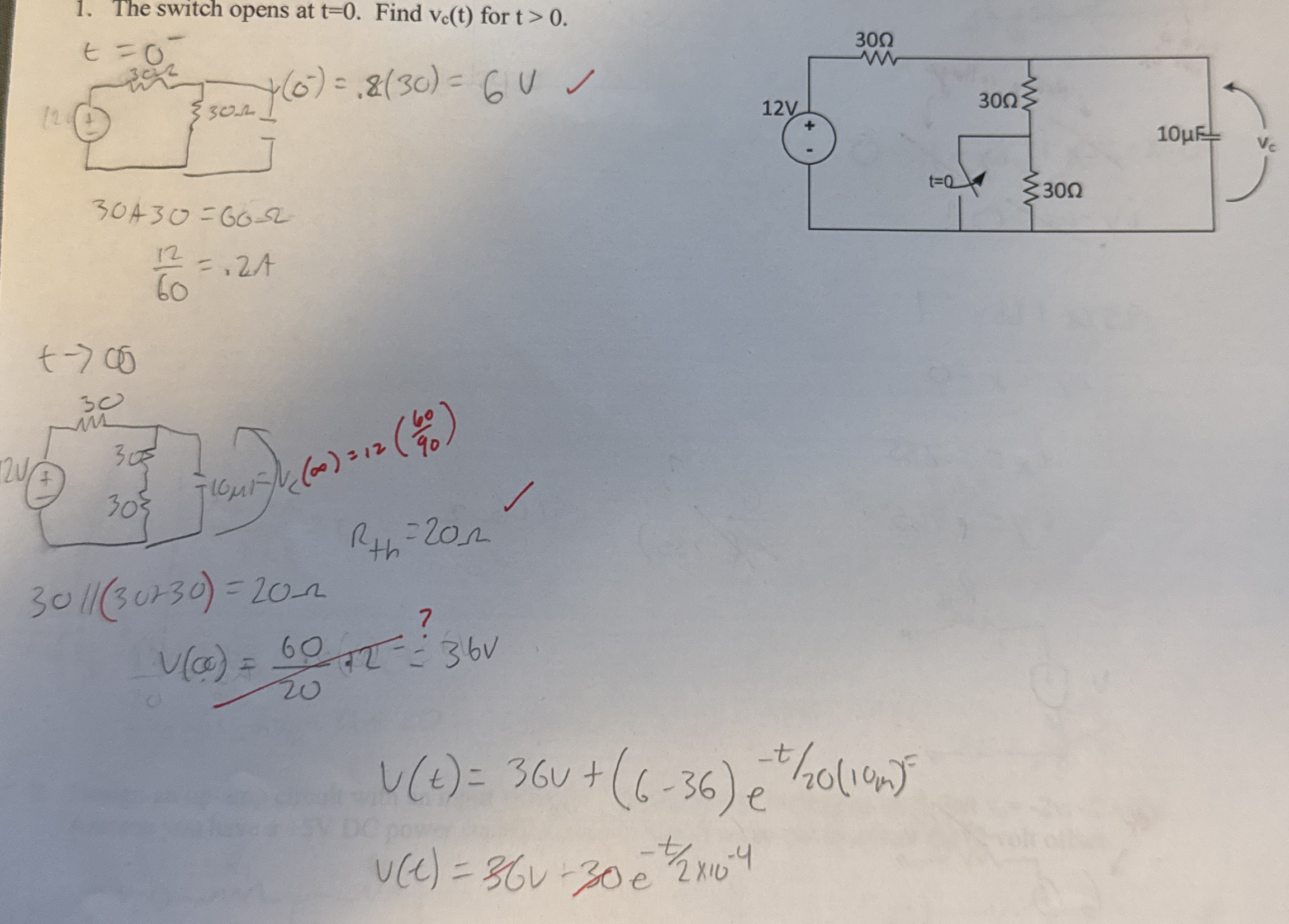 The switch opens at t = 0 . Find v c ( t ) for t