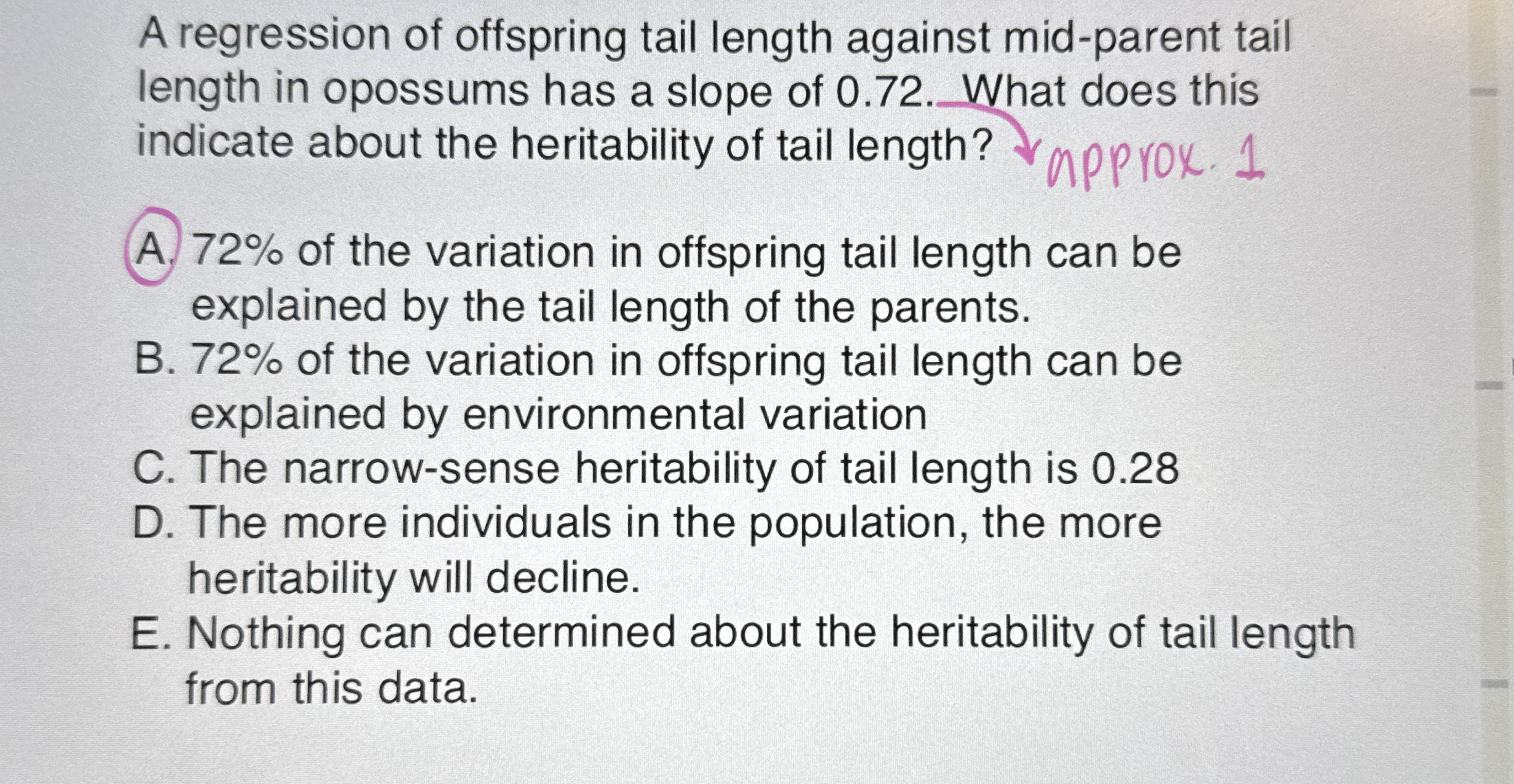 A regression of offspring tail length against mid