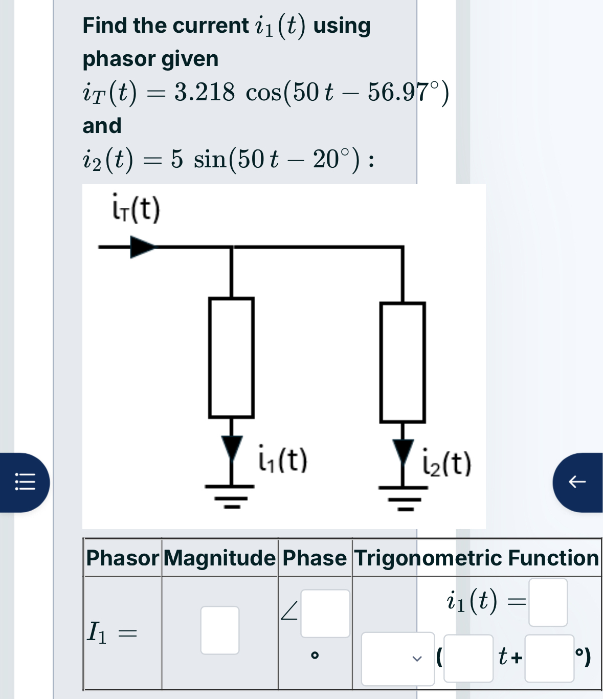 Find the current i 1 ( t ) using phasor given i T