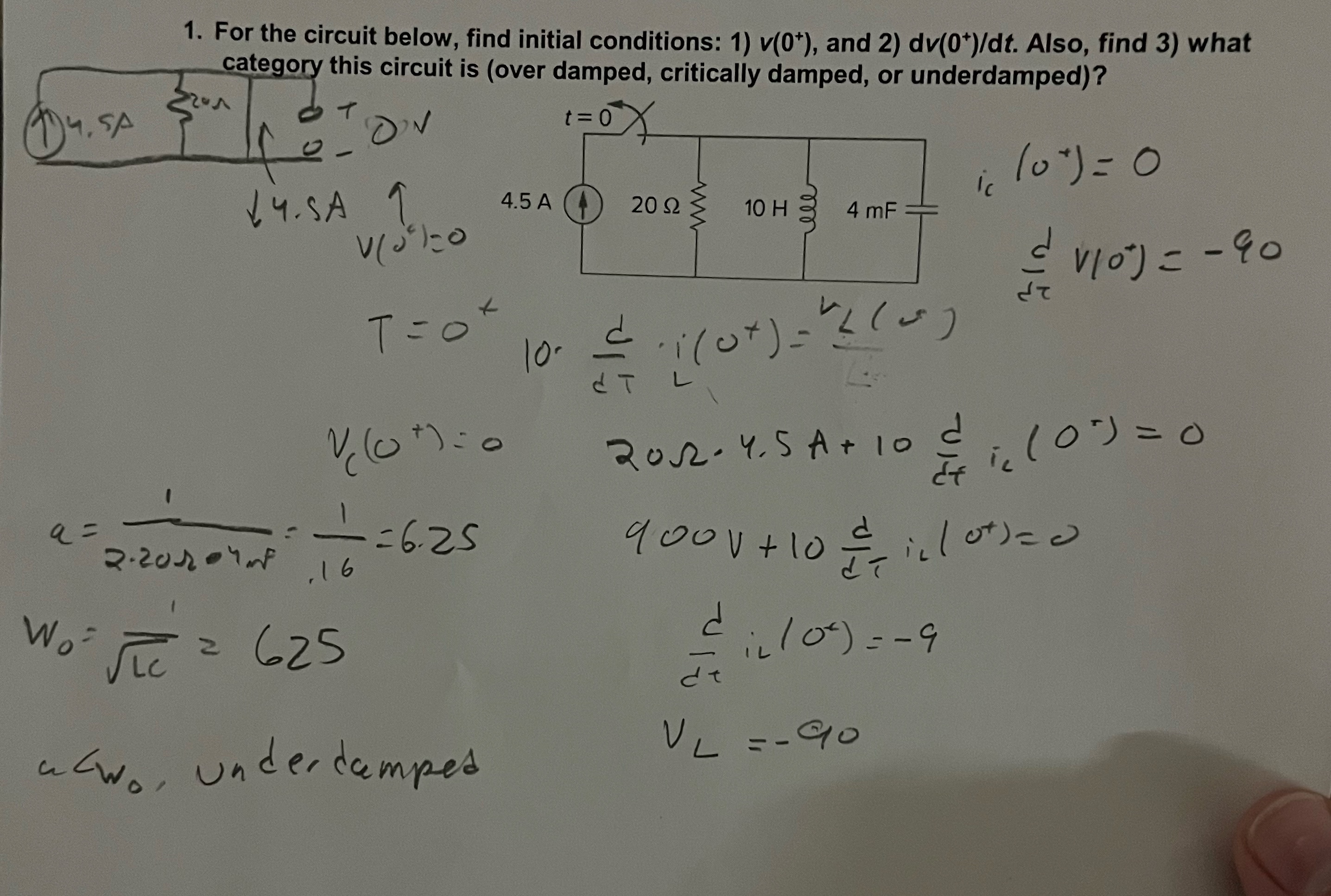 For the circuit below, find initial conditions: 1