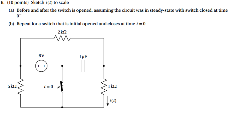 6 . ( 1 0 points ) Sketch \ ( i ( t ) \ ) to