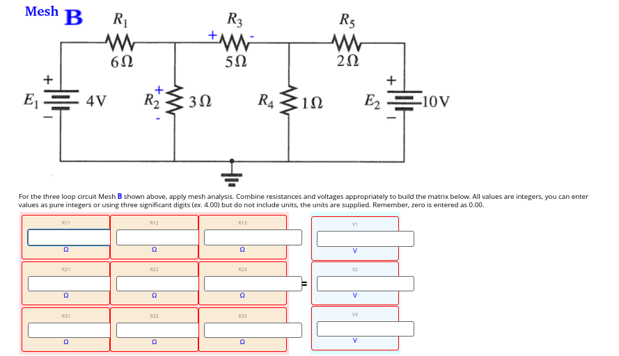 For the three loop circuit Mesh B shown above,