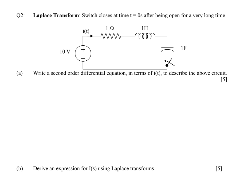 Q 2 : Laplace Transform: Switch closes at time \