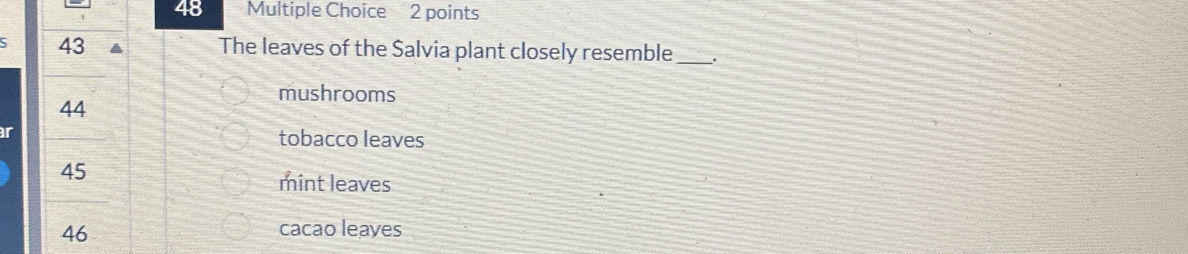 4 8 Multiple Choice 2 points 4 3 The leaves of