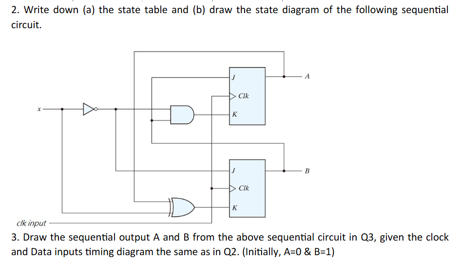 2 . Write down ( a ) the state table and ( b )