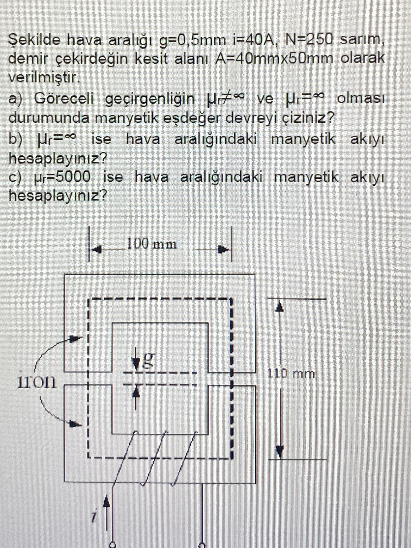 ekilde hava aral g = 0 , 5 mmi = 4 0 A , N = 2 5